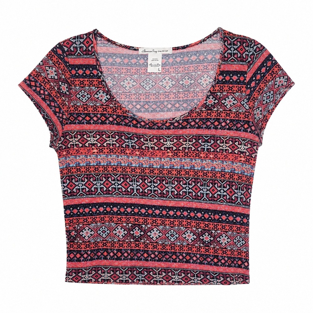 American Rag Crop Top Womens L Red Blue Tribal Geometric Print Excellent Boho